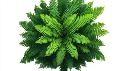 Top view of lush green fern leaves arranged in a circular pattern against a white background