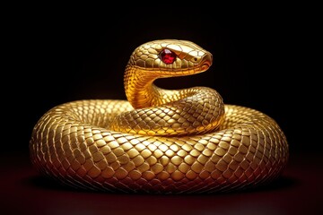 Fototapeta premium coiled golden snake with glowing red eyes against black background shining with metallic scales