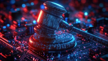 Futuristic digital gavel resting on a glowing circuit board symbolizing law and justice in technology and cyberspace