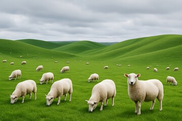 Obraz premium White sheep grazing on lush green hills under cloudy sky, peaceful rural landscape with soft light and natural background, creative style. Ai generative