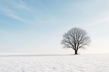 Lone leafless tree in snowy winter field under serene blue sky with wide copyspace and minimalistic concept for seasonal or nature background. Ai generative