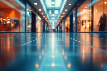 Fototapeta premium Wide low-angle view of an empty shopping mall corridor with glossy tiled floor and brightly lit storefronts on both sides creating a futuristic and calm atmosphere