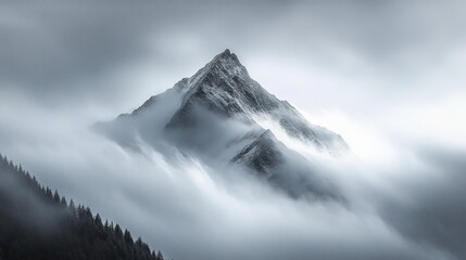 Snow-capped mountain peak emerging through thick mist and clouds with a dark forest at the base, evoking a cold and mysterious atmosphere