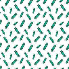 doodle pattern of This image shows a teal skateboard with dark brown outlines, grey trucks, and small orange wheels visible at the ends.