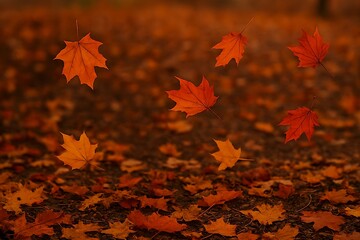 Autumn leaves falling on the ground creating a beautiful scene of the season in a park