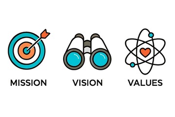Icon set representing mission, vision, and values of a company isolated on white background