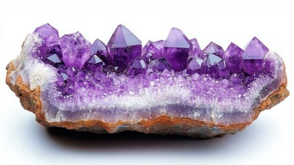 Close-up of a vibrant purple amethyst cluster with sharp crystal points on a rough brownish rock base