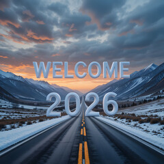 3D ‘WELCOME 2026’ Text on Snowy Winding Road at Sunset over Mountains Dramatic Cinematic Winter Landscape with Yellow 2026 Marking and Hyper Realistic Details.