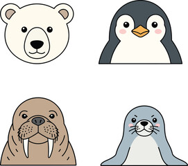 Cute Cartoon Arctic and Antarctic Polar Animal Heads Vector Set Polar Bear, Penguin, Walrus, and Seal Bold Outline adorable design perfect for children's products, logos, stickers, and educational.