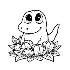 Whimsical cartoon lizard emerging from a flourishing floral arrangement a charming monochromatic