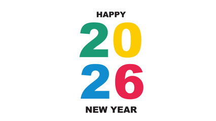 Happy new year 2026 greeting in colorful text suitable for social media, website banners, greeting cards, and party invitations.