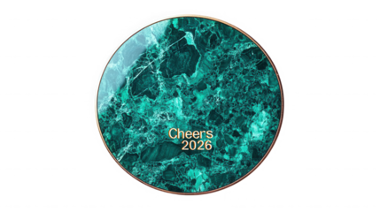 A circular malachite coaster with a golden rim and the text cheers and the year two thousand twenty six on transparent background