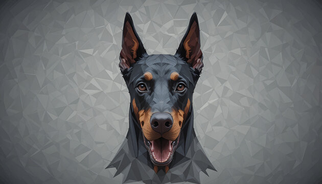 Low poly portrait of a doberman pinscher with cropped ears against gray backdrop