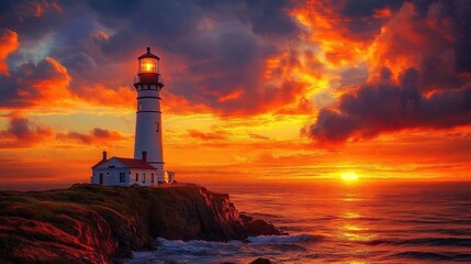 Fototapeta premium Lighthouse standing on rocky cliff by vibrant fiery sunset over calm ocean waters with dramatic clouds