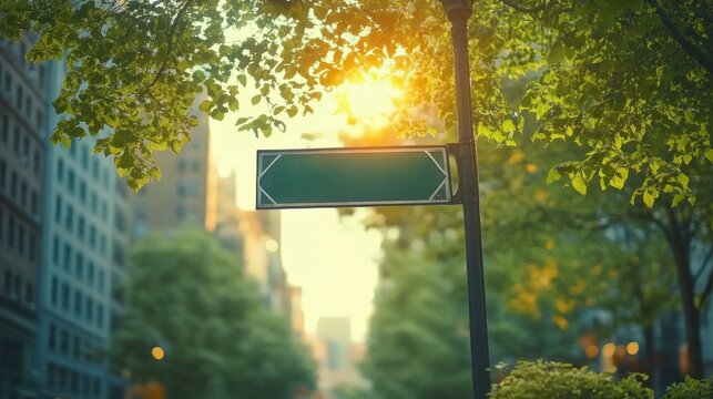 sunlit empty street sign surrounded by green leafy trees in an urban city setting during golden hour