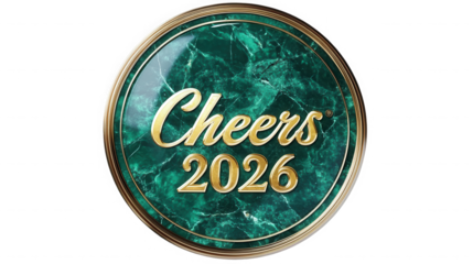 Cheers inscription with gold lettering on a green marble circle for the year two thousand twenty six on transparent background