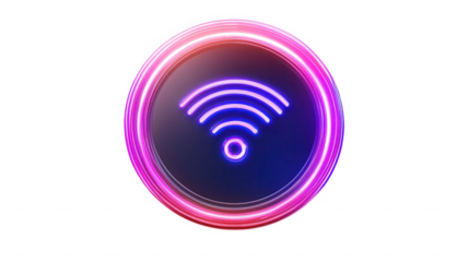 A glowing wifi symbol inside a circular frame with pink and purple neon lights on  on transparent background