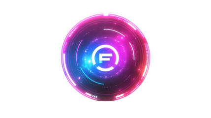 Glowing orb with letter f inside with pink and blue light on black background digital art design on transparent background