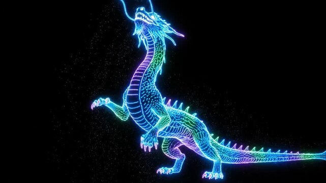 Neon Dragon Hologram on Black Background - A digital illustration showcasing a glowing neon dragon against a dark background.