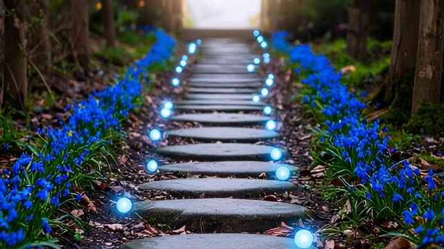 A stone path through a forest lined with blue flowers, glowing orbs