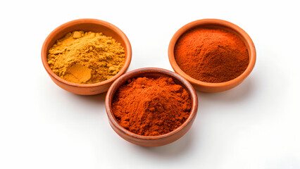 Overhead shot of three bowls with spices isolated on white background, turmeric, paprika, and chili powder, essential ingredients for cooking