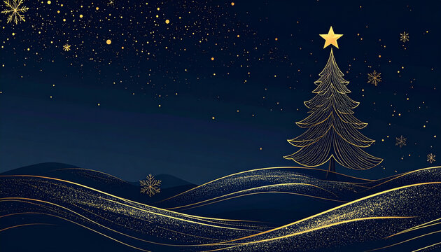 Elegant Christmas night scene with a golden tree and snowflakes over navy blue, abstract winter waves - Powered by Adobe