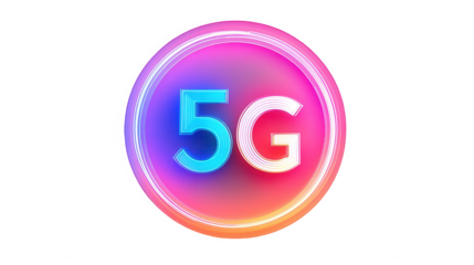 A vibrant neon five g logo with a circular border on  showing technology concept on transparent background