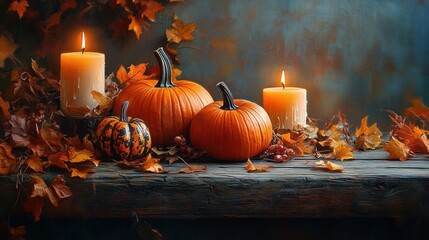 Three pumpkins surrounded by dry autumn leaves and two lit candles on a wooden surface creating a warm, cozy fall atmosphere