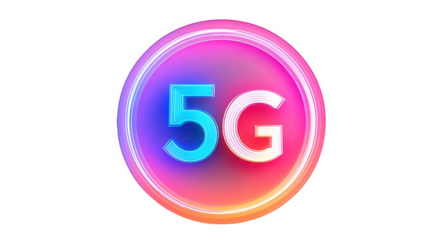 A vibrant neon five g logo with a circular border on showing technology concept on transparent background