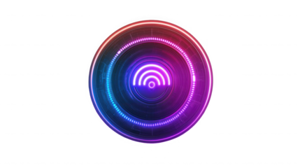 Abstract concentric circles with neon glow effect in red blue and purple on on transparent background