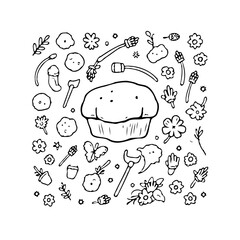 Whimsical garden delights a hand drawn illustration a charming collection of flowers tools and