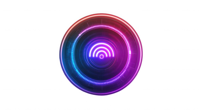 Abstract concentric circles with neon glow effect in red blue and purple on  on transparent background