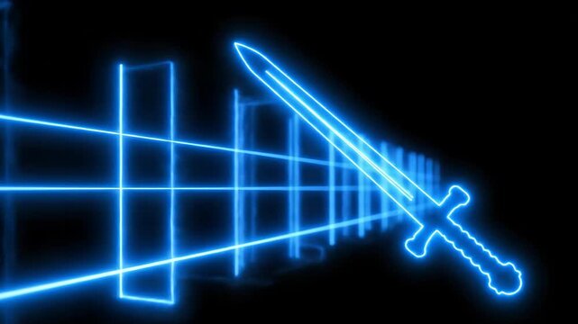 Neon Sword and Grid on Black Background - A glowing blue neon sword dominates the scene, with a grid-like structure in the background.