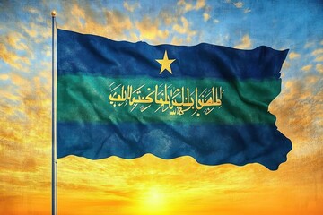 Blue and green flag with yellow star and Arabic script waving against a vibrant sunset sky with scattered clouds