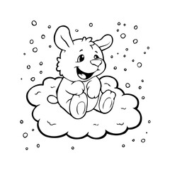 Whimsical line art of a cheerful cartoon bunny sitting on a fluffy cloud illustration and falling