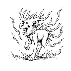 Whimsical line art of a mystical creature with fiery mane walking through a fantastical