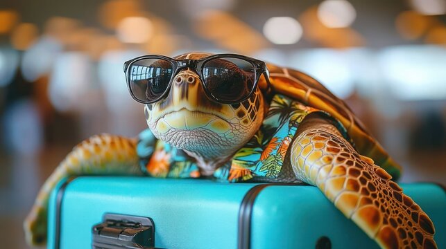 Sea turtle wearing sunglasses and a colorful Hawaiian shirt resting on a turquoise suitcase with a blurred light background, conveying a relaxed travel vibe