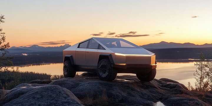 Futuristic angular electric truck parked on rocky terrain overlooking a calm lake with mountains and a sunset sky in the background