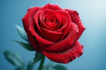 Fototapeta premium Close-up of vibrant red rose flower with dew drops on petals against soft blue background in creative lighting setup. Ai generative. Ai generative