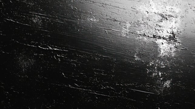 close up of a rough, scratched, and worn dark metallic surface with patches of light reflecting off uneven textures
