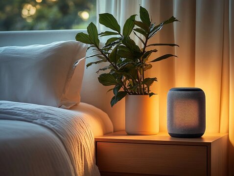 Cozy bedroom corner with white bed, wooden nightstand, green potted plant, and warm glowing smart speaker near window with curtains