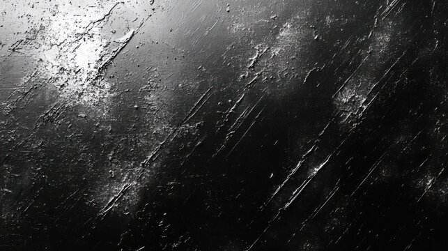Close-up of rough textured black surface with uneven patches and scratches creating dramatic light reflections