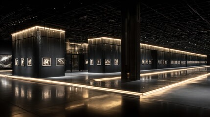 An art exhibition with black walls, frames, and bright light accents on the floor and walls