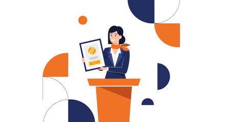 Presenting Award: Woman Displaying Framed Certficate on a Podium with Geometric Shapes