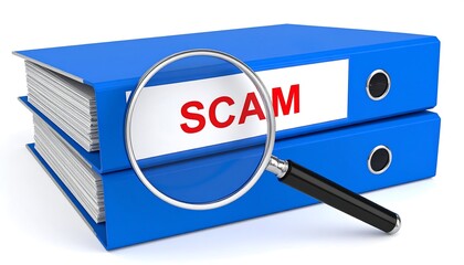 Blue binders labeled SCAM highlighted under magnifying glass. The scene emphasizes the importance of recognizing and documenting fraudulent activities to promote safety.