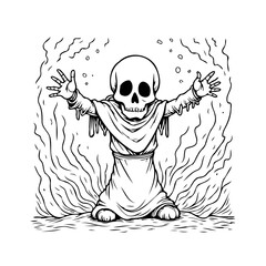 Whimsical skeleton figure illustration with extended arms against a backdrop of swirling, wavy