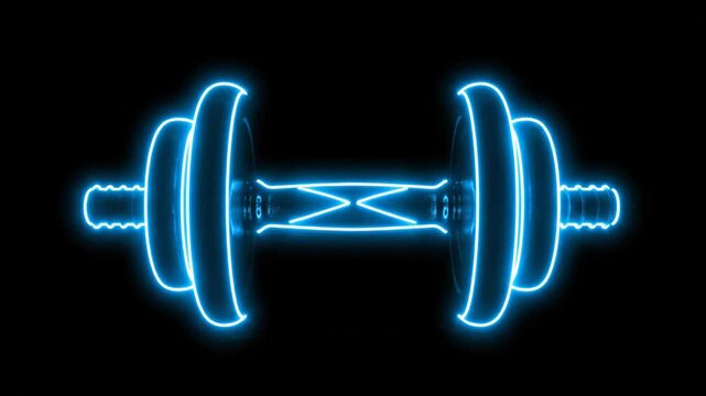 Neon Dumbbell on Black Background - A neon-outlined dumbbell is displayed against a solid black background. The dumbbell glows with a vibrant blue light, creating a modern and energetic visual.