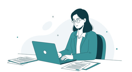 Professional Woman Works On Laptop At Desk, A Modern Business Illustration Scenario