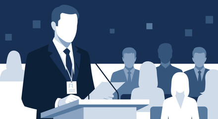 Fototapeta premium Public Speaker Addressing Audience During Conference Or Business Presentation Event