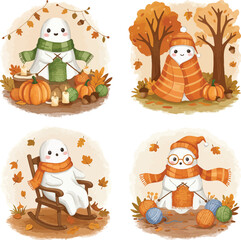 Fototapeta premium Cute autumn scarecrow characters and fall decorations for seasonal design projects